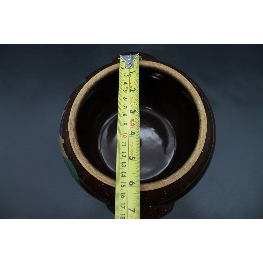 Vintage USA Pottery Brown Floral Bean Pot Crock 2 Handle Hand Painted Stoneware